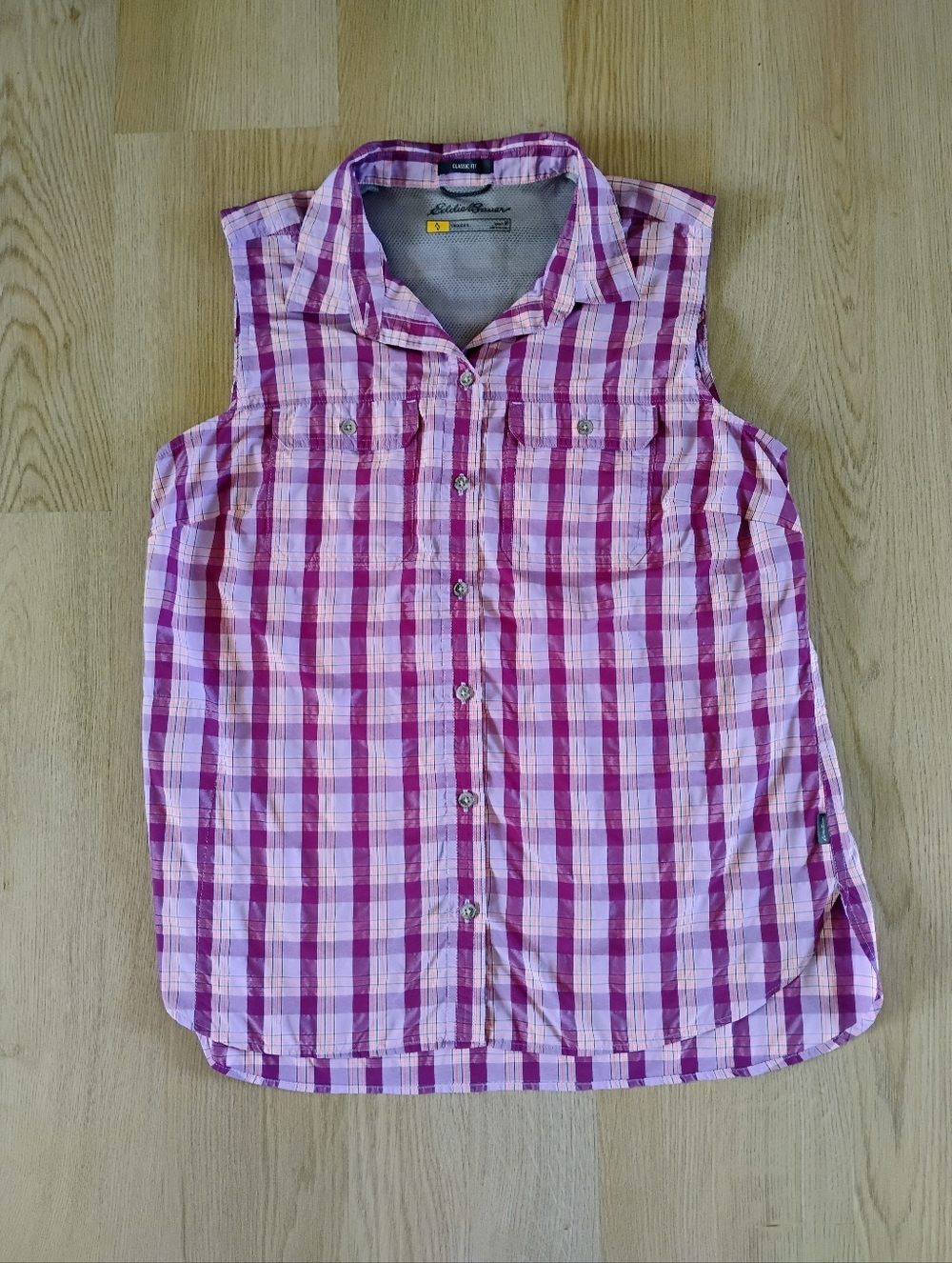 Eddie Bauer Pink and White Plaid Sleeveless Button-Up